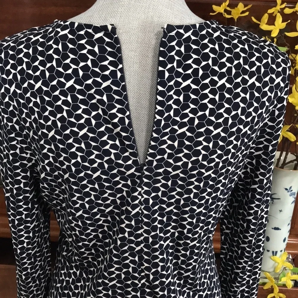 Tory Burch Geometric Long Sleeve Navy Sheath Dress Size Medium